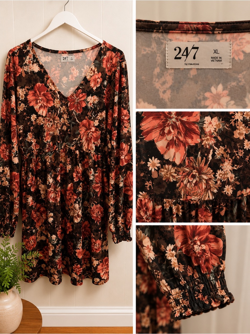 Maurices Black Floral V‑Neck Long Sleeve Tunic